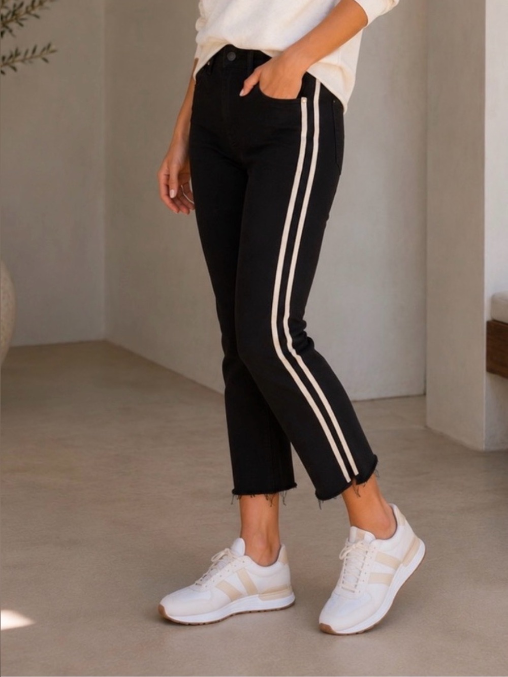 MOTHER Insider Crop Step Fray Jeans 27 Guilty Racer Black Side Stripe Raw Hem
